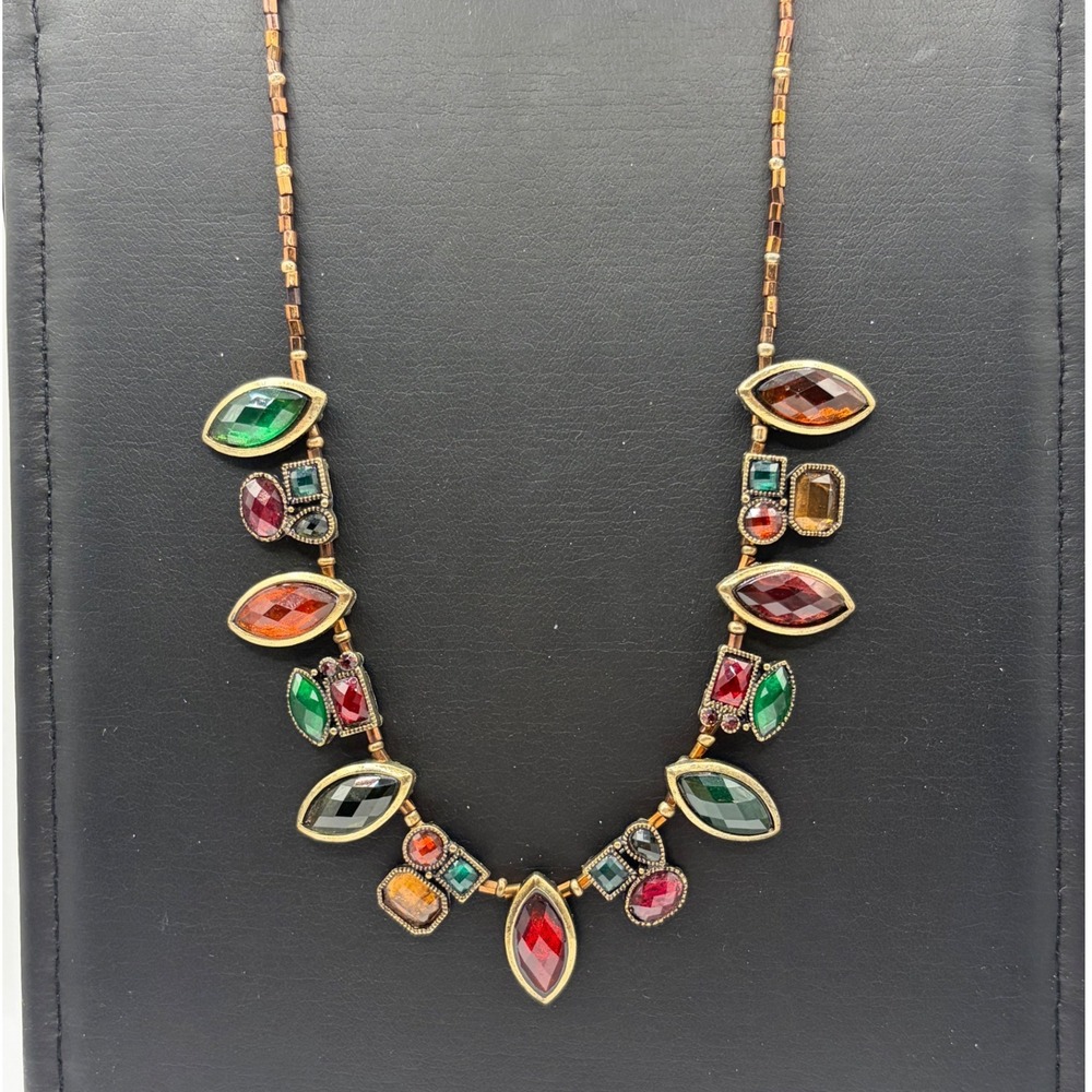 Vintage Style Multi Color Jewel Bib Necklace Antique Gold Tone Boho Statement